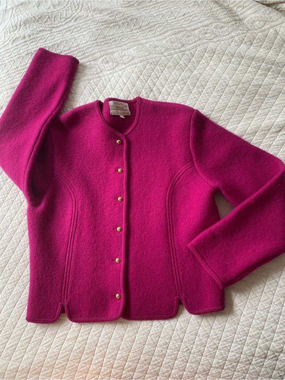 100% Wool Fuchsia Button-Front Cardigan Jacket Classic Preppy Heritage Vintage
